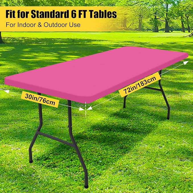 Smiry Rectangle Picnic Table Cloth, Waterproof Elastic Fitted Tablecloths for 6 Foot Tables, Washable Polyester Table Cover for Camping, Indoor and Outdoor (Rose Pink, 30"x72")