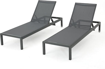 Christopher Knight Home Cape Coral Outdoor Aluminum Chaise Lounges with Mesh Seat, 2-Pcs Set, Grey / Dark Grey