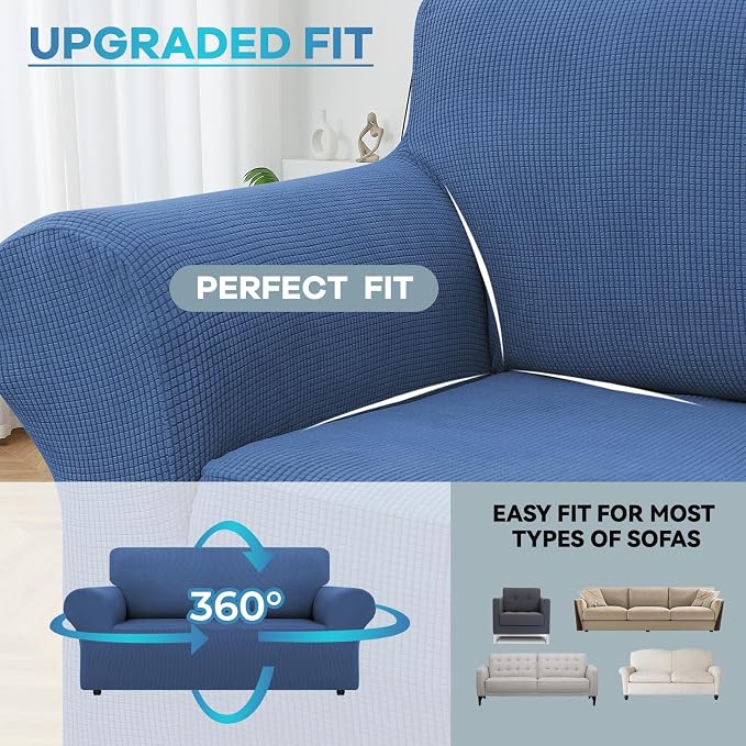 LURKA Stretch Loveseat Couch Cover, 1 Piece 2 Cushion Sofa Slipcover, Blue | Soft Stretch Jacquard, Fits 55"-78" Loveseats, Elastic Bottom for Secure Fit, Machine Washable, Pet & Kid Friendly
