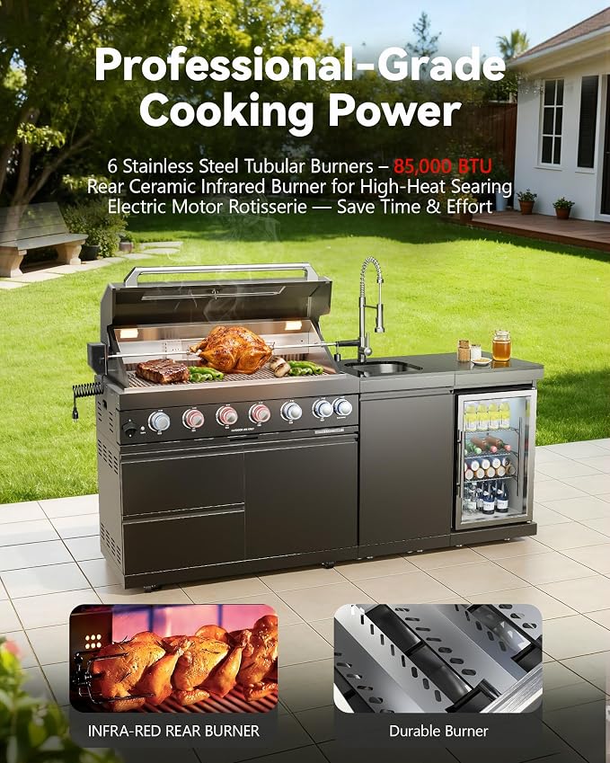 82" Natural Gas Outdoor Kitchen Island with Grill, 6-Burner 85,000 BTU BBQ Island, 304 Stainless Steel, Refrigerator, Sink & Rotisserie, Black