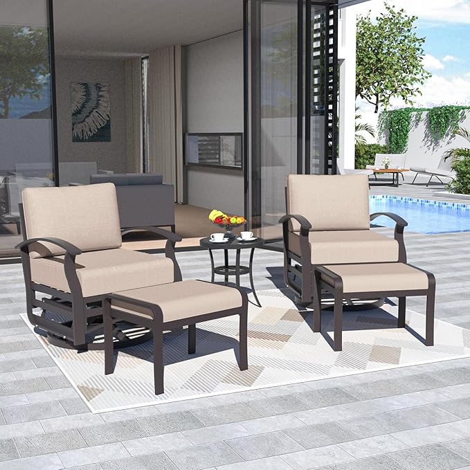 ALAULM 5 Piece Aluminum Outdoor Swivel Chairs High Back Metal Swivel Rocking Chairs with 5.1" Sponge Cushions, 2 Ottmans and 1 Coffee Table for Patio, Porch, Backyards, GardenSand