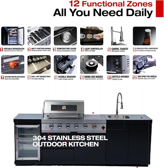 98-Inch 4-Burner Propane Gas Outdoor Kitchen Grill Island - 72000 BTU Stainless Steel BBQ, Refrigerator, Rotisserie, Stainless Countertops, Patio, Lawn, Backyard, Black