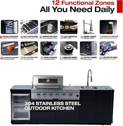 98-Inch 4-Burner Propane Gas Outdoor Kitchen Grill Island - 72000 BTU Stainless Steel BBQ, Refrigerator, Rotisserie, Stainless Countertops, Patio, Lawn, Backyard, Black