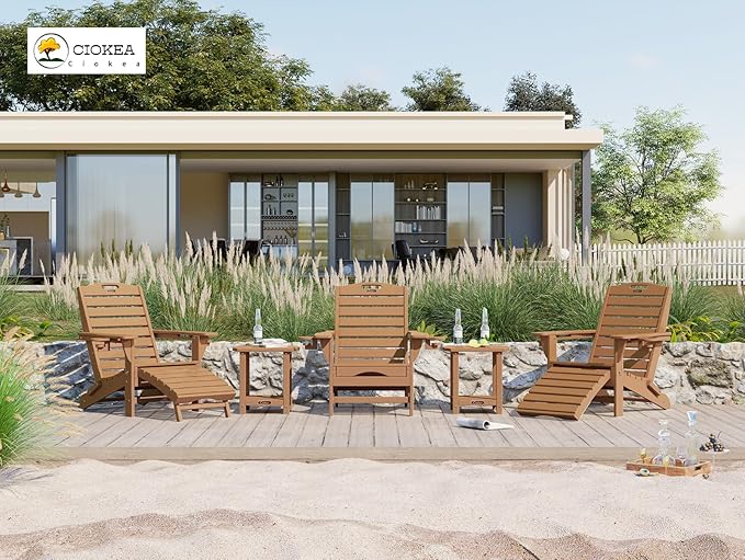 Ciokea Folding Adirondack Chair Set of 6 with Retractable Ottoman Fire Pit Patio Chair with Pull Out Foot Rest Weather Resistant Lawn Outdoor Chair with 2 Cup Holder (Teak)