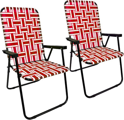 Lawn Chair Folding Steel Webbing Chaise Patio Lounger Seat Wood Handles Great for Camping, Beach, Fishing, Backyard, Stadium, Pool, Boating, and Sports 2 Pack Red
