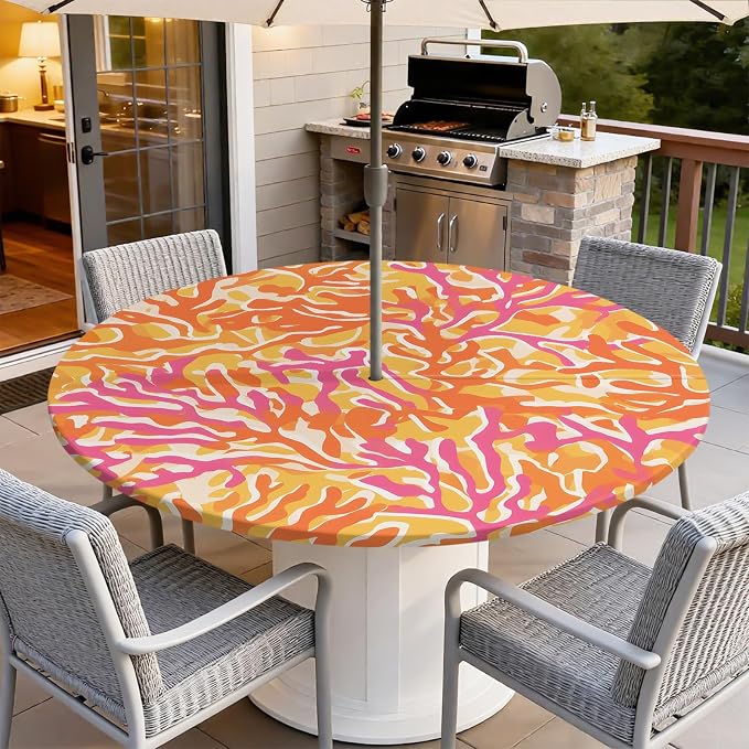 Outdoor Tablecloth with Umbrella Hole and Zipper Fits 61-65" Tables | Waterproof Round Fitted Tablecloth with Elastic Edge, Wipeable Outdoor Table Cover for Patio, Garden, Picnic