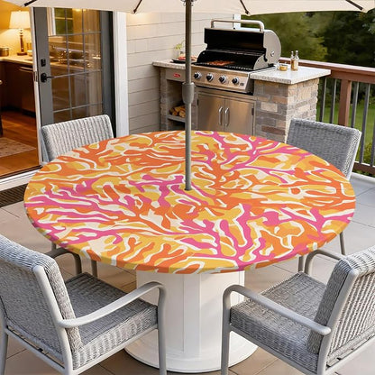 Outdoor Tablecloth with Umbrella Hole and Zipper Fits 61-65" Tables | Waterproof Round Fitted Tablecloth with Elastic Edge, Wipeable Outdoor Table Cover for Patio, Garden, Picnic