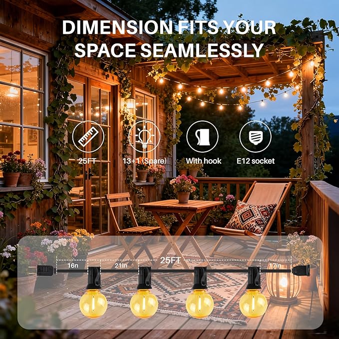 25 FT Yellow Outdoor String Lights G40 Globe Shatterproof Patio Lights,13 Plastic Edison Bulbs(1 Spare) IP65 Waterproof Dimmable LED Bulbs for Backyard Porch Balcony Party Decor, E12 Base
