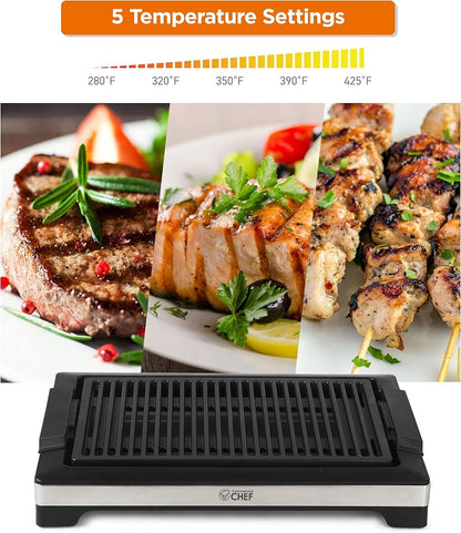 Commercial Chef Indoor Electric Grill, CHIG20B, Black and Stainless Steel | Portable Grill for Tabletop, Countertop or Kitchen, 1600W, 14.7” x 9.8” Nonstick Plate, Adjustable Temperature Control