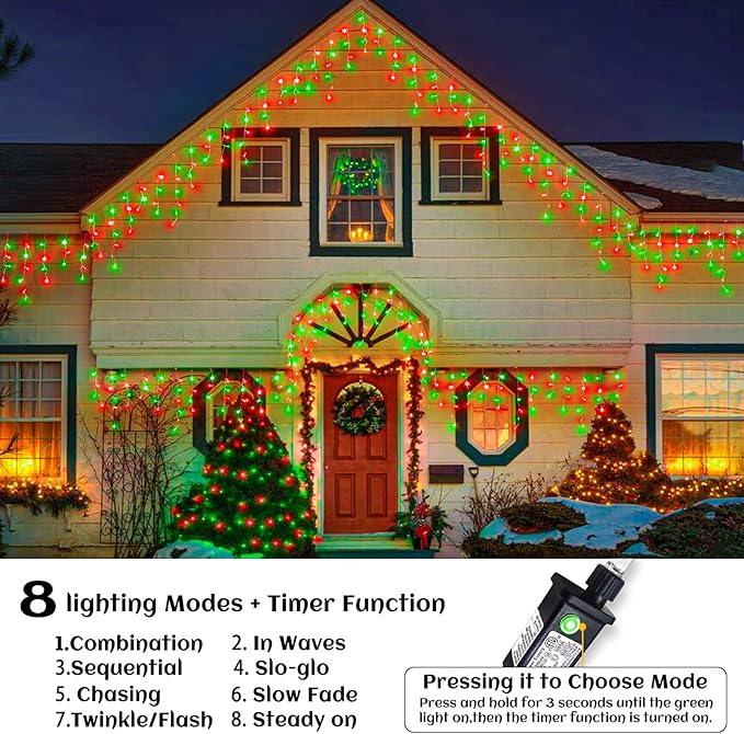 66ft Icicle Lights for Outside, Red and Green Christmas Lights Outdoor Indoor, 640 LED Twinkle String Lights with 120 Drops, Clear Wire Short Curtain Light for Thanksgiving Room Home Wall Bedroom