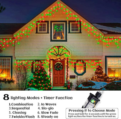 66ft Icicle Lights for Outside, Red and Green Christmas Lights Outdoor Indoor, 640 LED Twinkle String Lights with 120 Drops, Clear Wire Short Curtain Light for Thanksgiving Room Home Wall Bedroom