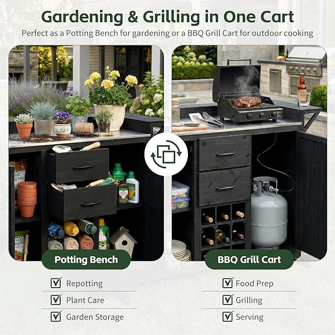 60.2-inch Mobile Outdoor Kitchen Island, Wooden BBQ Table with Stainless Steel countertop, Mobile BBQ Trolley with Storage Cabinet, 2 Storage compartments, Wine Rack and Spice Rack