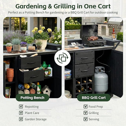 60.2-inch Mobile Outdoor Kitchen Island, Wooden BBQ Table with Stainless Steel countertop, Mobile BBQ Trolley with Storage Cabinet, 2 Storage compartments, Wine Rack and Spice Rack
