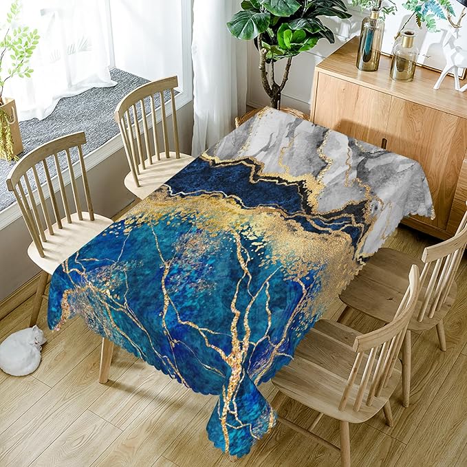 70x90inches Abstract Marble Tablecloth Navy Blue and Grey Gold Glitter Veins Marble Texture Table Cloth Waterproof Stain Resistant Table Cover for Kitchen Dining Buffet Birthday Party Decor
