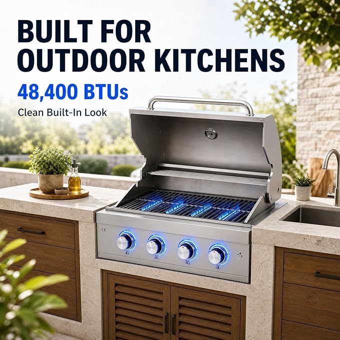 4 Burner Built in Gas Barbecue Grills & Tri-Fuel, 28in Drop-in Propane & Natural Gas Grill Combo with Rear Burner, 48,400 BTUs Stainless Steel Charcoal BBQ Grill for Outdoor Kitchen Island Patio