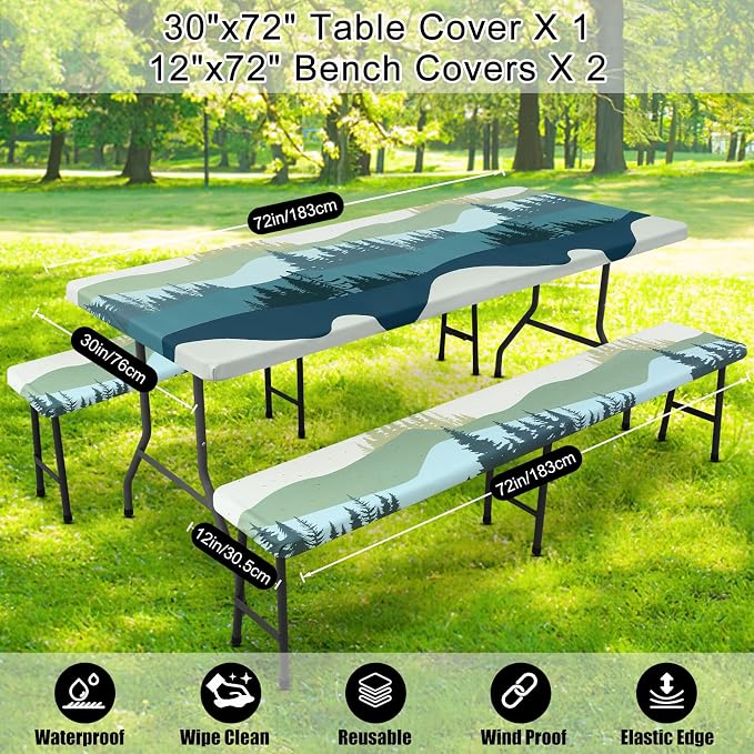 Smiry Picnic Table Cover with Bench Covers, Waterproof Elastic Fitted Tablecloth for 6 Foot Tables, Washable Polyester Tablecloths for Camping, Indoor & Outdoor (Green Blue, 30x72 Inch 3-pc Set)