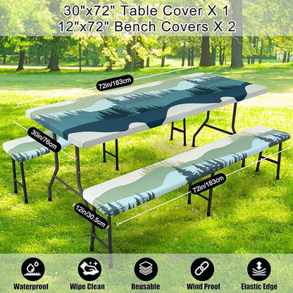 Smiry Picnic Table Cover with Bench Covers, Waterproof Elastic Fitted Tablecloth for 6 Foot Tables, Washable Polyester Tablecloths for Camping, Indoor & Outdoor (Green Blue, 30x72 Inch 3-pc Set)