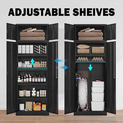 Wanfu Metal Storage Cabinet, 87" H x 32" W x 16" D Locking Storage Cabinets with 4 Adjustable Shelves and Top Cabinet for Office, Garage, Home-Black