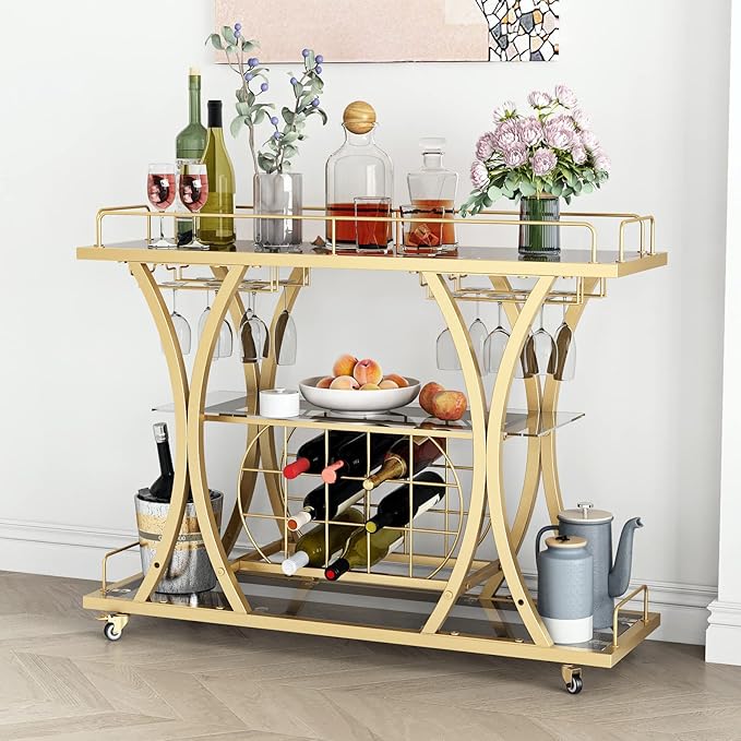 Gold Bar Carts with Glass Holders & Wine Rack,3 Tier Home Bar Serving Carts with Glass Shelves,Metal Rolling Bar Carts for The Home Kitchen, Party | With Wine Rack, Modern, Holder Rack, Easy Assembly, Sturdy