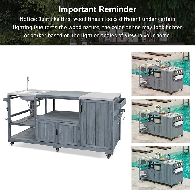 75.4" Outdoor Kitchen Island with Sink, Solid Wood Grill Cart for XL Big Green Egg, Rolling Outdoor Bar Cart with Stainless Steel Top, Adjustable Shelves, 6 Wheels for BBQ Pizza Prep