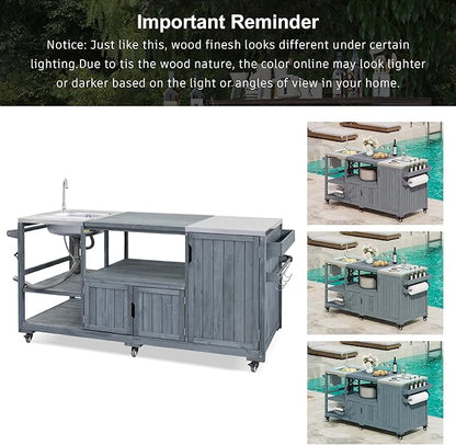 75.4" Outdoor Kitchen Island with Sink, Solid Wood Grill Cart for XL Big Green Egg, Rolling Outdoor Bar Cart with Stainless Steel Top, Adjustable Shelves, 6 Wheels for BBQ Pizza Prep