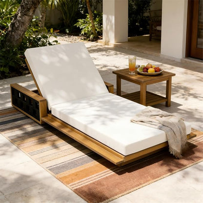 Merax Outdoor Chaise Lounge Set of 2, Acacia Wood Patio Reclining Chairs with 4-Position Adjustable Backrest, 2-Piece Sunbathing Recliner & 4" Thick Double-fold Cushion for Poolside, Garden, Beige