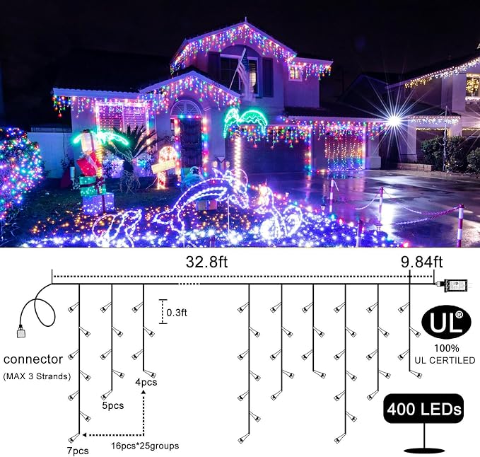 66FT Icicle Lights for Outside 640 LED Multicolor Christmas Lights Outdoor | Plug in 8 Modes Waterproof Icicle Christmas Lights for Indoor House Holiday Wedding Christmas Decorations