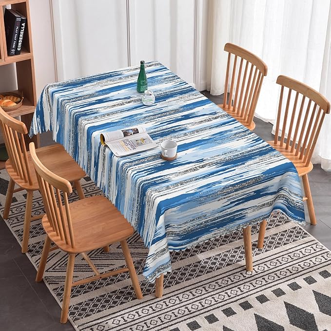 Abstract Striped Rectangle Tablecloth 60x102 Inch Blue and White Old Texture Grunge Stripes Vintage Mosaic Dust-Proof Table Cover Protector for Home Kitchen Restaurant Picnic Camping BBQ
