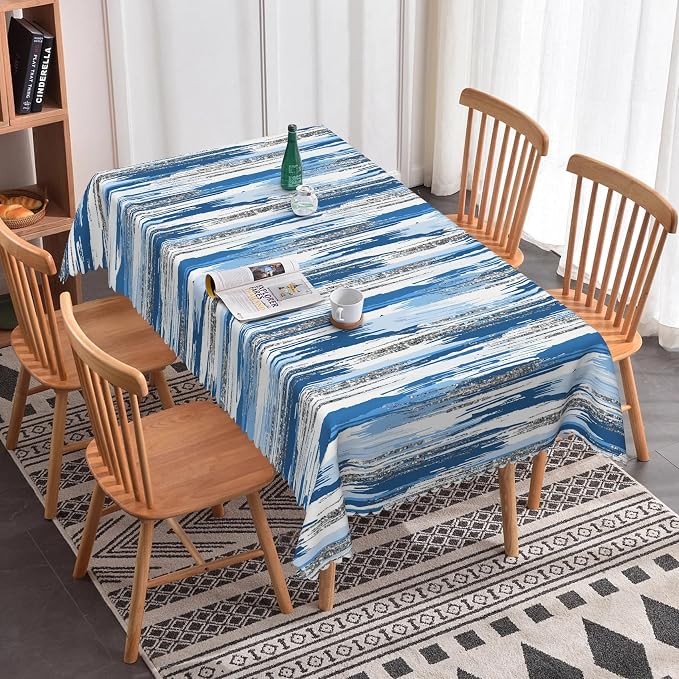 Abstract Striped Rectangle Tablecloth 70x140 Inch Blue and White Old Texture Grunge Stripes Vintage Mosaic Dust-Proof Table Cover Protector for Home Kitchen Restaurant Picnic Camping BBQ