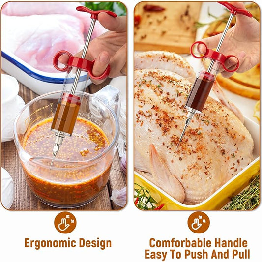 Kingsmile Meat Injector, Turkey Injector Syringe - 3 Needles for BBQ Grill, 1oz Meat Injector Syringe, Injector Marinades for Meats, Meat Injectors for Smoking 1 Cleaning Brush Easy to Use & Clean Red