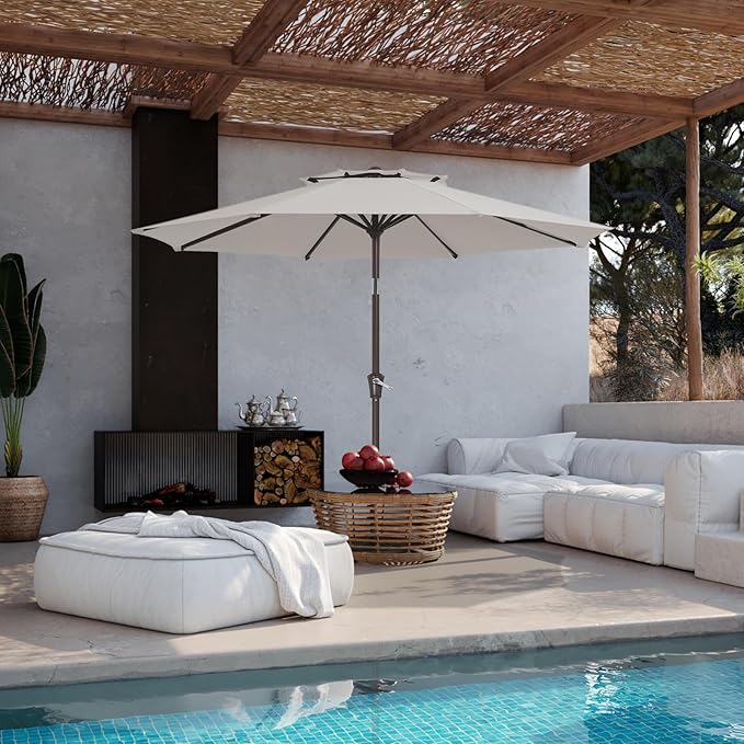 JEAREY 9' 2-Tiers Patio Umbrellas Outdoor Table Market Umbrella w/Push Button Tilt/Crank, 8 Sturdy Ribs, UV Protection Waterproof Sunproof(Fog Gray)