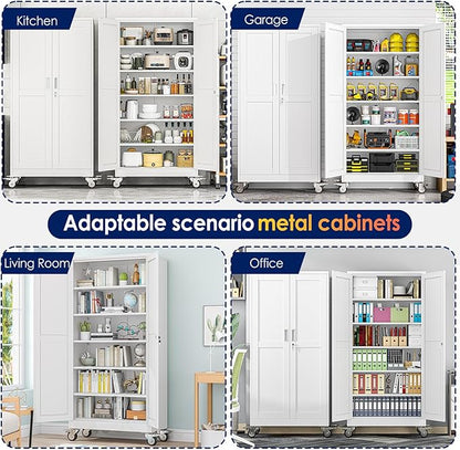 erosoei 74" H Metal Garage Storage Cabinet, Rolling Tool Cabinet with 2 Doors and Wheels, Locker Steel Cabinet with 5 Adjustable Shelves, Organization Cabinet for Garage,Office,Home,Gym,School（White）