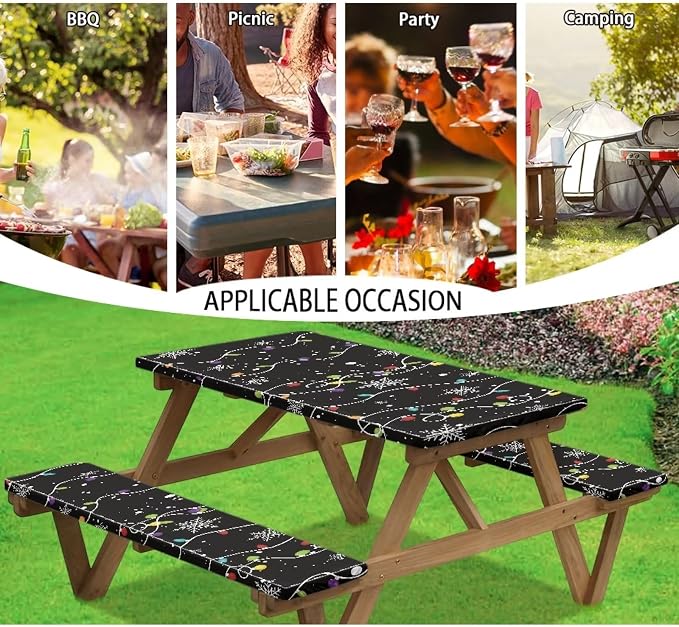 Elastic Fitted Table Cloth for Camping Party Supplies Christmas Pattern Picnic Table Cover with Bench Covers 3 PCS for Outdoor BBQ Camping