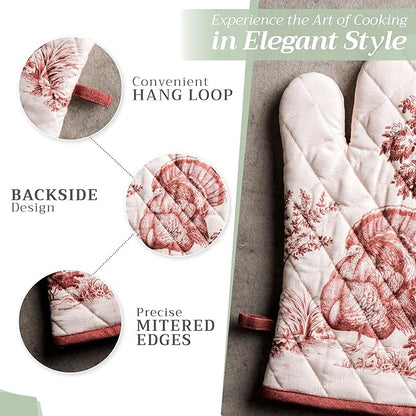 Maison d' Hermine 100% Cotton Oven Mitt & Pot Holder Set (7.5"x13" & 8"x8") Heat Resistant BBQ Cooking Gloves with Loop for Thanksgiving Christmas Decorations Handling Hot Pans (Holy Jouy - Brown)