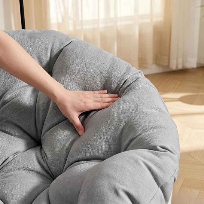 Cushion Papasan Swivel Chair, Ergonomic Wicker Round Chair with Thick Padding, Oversized Swivel Wicker Accent Chairs for Living Room, Bedroom, Reading Room, Balcony, Brown Frame, Gray