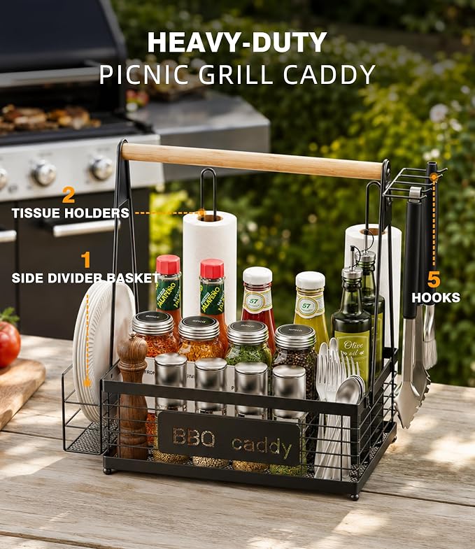 TJ.MOREE Grill Caddy BBQ Organizer for Grilling Tools & Supplies | paper towel & foil holder, fits 8" plates, removable wood handle, for camping, patio, Kitchen, Picnic, RV