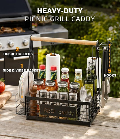 TJ.MOREE Grill Caddy BBQ Organizer for Grilling Tools & Supplies | paper towel & foil holder, fits 8" plates, removable wood handle, for camping, patio, Kitchen, Picnic, RV