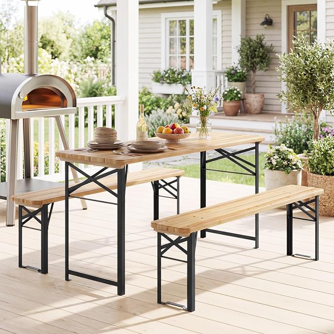 GIANTEX 47 Inch Folding Picnic Tables with Benches Set, Solid Wood Camping Beer Table Bench Set with Metal Frame, 3-Piece Portable Patio Dining Furniture, Indoor & Outdoor Folding Table and Chairs