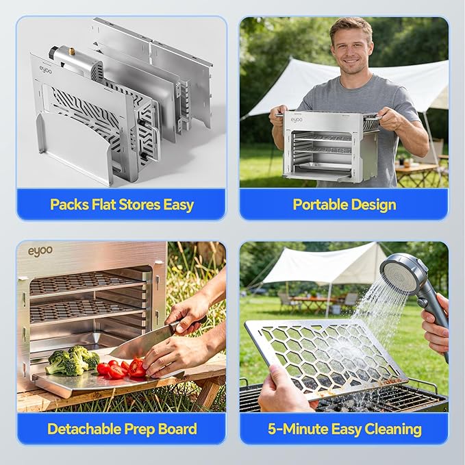 Eyoo Portable Propane Gas Broiler, Tabletop Steak Grill 1472°F High Heat, Outdoor BBQ Grill for Camping, Backyard Cooking, Compact Stainless Steel Broiler