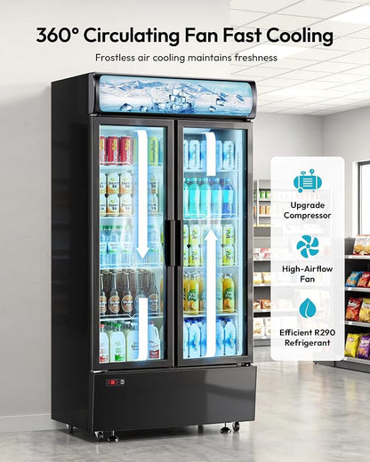 25 Cu.Ft Commercial Beverage Refrigerator, Double Glass Door | LED Lightbox, 8 Adjustable Shelves, 32-50°F Digital Control, R290 Air Cooling, ETL Certified, Commercial Use