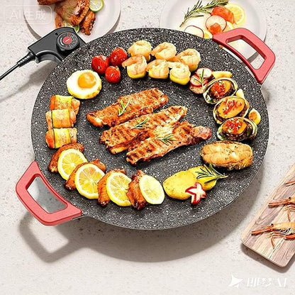 Electric Smokeless Grill, Non-Stick BBQ Griddle with Temperature Control, Round Cooking Surface with Red Handles, Indoor Barbecue Pan for Meat and Seafood (15.7)