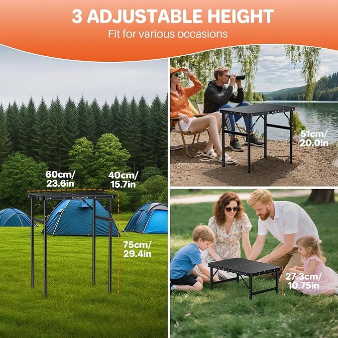 FUNYKICH 2ft Aluminum Folding Camping Table, 3 Height Adjustable Max 29.4" | 23.6''x15.7'' Tabletop, Ultralight Portable Design with Carry Handle for Car Travel, Camping, Backyard, Beach & Picnic, Balck
