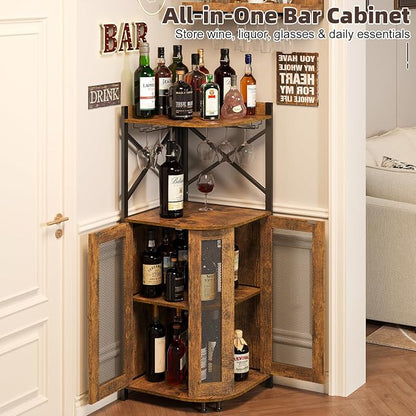 JKsmart Corner Bar Cabinet with LED Lights,Industrial Wine Cabinet with Glass Holder,4-Tier Wine Cabinet with Door and Shelf,Farmhouse Home Bar for Liquor Wine Coffee Storage,Rustic Brown