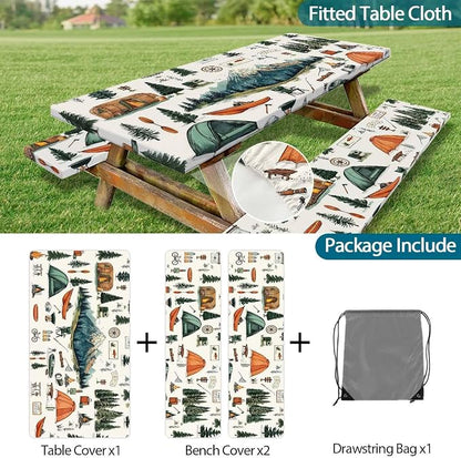 Picnic Table Cover with Bench Covers, Mountain Tent & Campfire Tablecloth, Elastic Edges, Waterproof Windproof Fitted, for Outdoor Camping Patio Garden, with Drawstring Bag, 96 Inch 3PCS