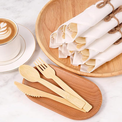Napkin and Bamboo Cutlery Set, Compostable Utensils Disposable Cutlery for Party, Wedding, BBQ, Camping, Events-50 Pack (Forks, Knives, Spoons, Rolled Napkins)