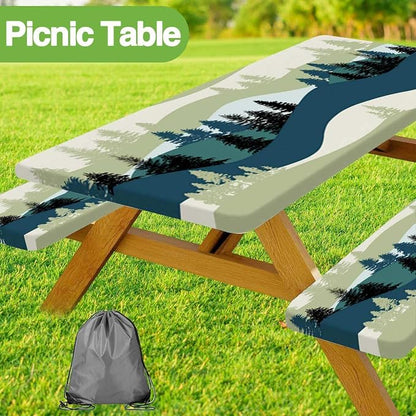JAWO Picnic Table Cover with Bench Covers, Mountain Forest Camping RV Essentials Gear Supplies Outdoor Waterproof Windproof Tablecloth with Elastic, 72in, Green Blue