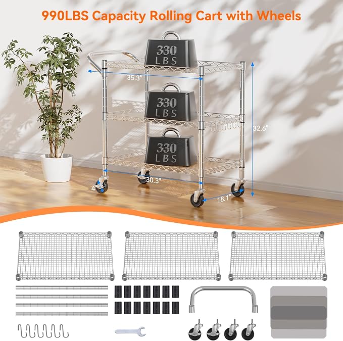 NTE 3 Tier Heavy Duty Rolling Utility Cart on Wheels, 990Lbs Capacity Rolling Wire Cart, Kitchen Carts on Wheels, NSF Commercial Metal Serving Cart with Handle and Shelf Liners for Kitchen, Restaurant