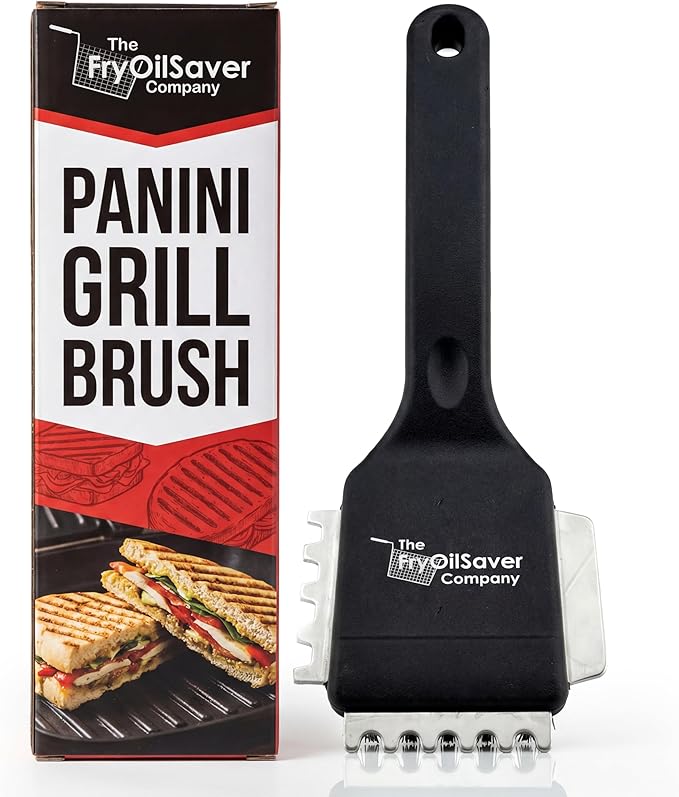 Panini Grill Brush Cleaner - Commercial BBQ & Electric Press Scraper – Heavy Duty Stainless Steel Bristles - 3-in-1 Head Grill Brush w/Scraper for Ribbed or Flat Surfaces by FryOilSaver Co - 90052