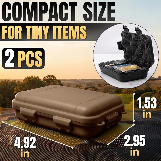 2 Pcs Small Waterproof Box Set, 4.92x2.95x1.53", (Black & Khaki) | Geocache Containers; Durable Plastic Shell, Foam Insert, Tether Loops; for Hiking, Travel, Camping, and Fishing Gear