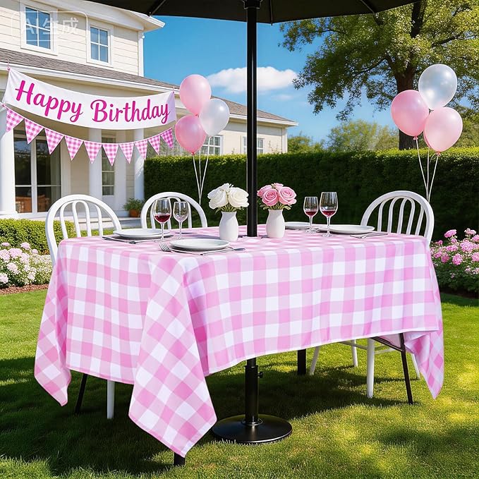 Poise3EHome Rectangle Outdoor Tablecloth with Umbrella Hole and Zipper,Pink and White Gingham 84x60 Inch,SpillProof Washable Table Cloth for Spring Summer Patio Garden Poolside Picnic Camping BBQS